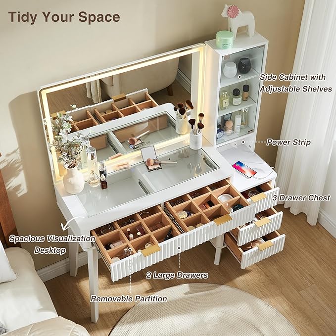 T4TREAM 48" Fluted Makeup Vanity Desk with Large 36" Mirror and Lights, Modern Glass Top Big Vanity Table with 5 Drawers & Adjustable Shelves, Dressing Table Set w/Charging Station for Bedroom, White