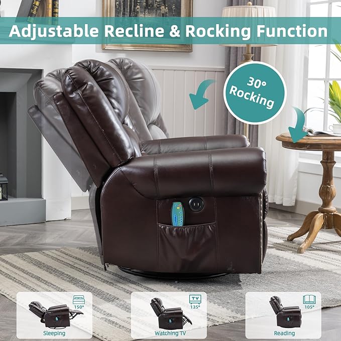 MEETWARM Massage Swivel Rocker Recliner with Heat and Vibration, Manual Glider Rocking Recliner Chair, 360°Swivel Lounge Reclining Chair with Remote Control/USB Ports for Living Room(Dark Brown)