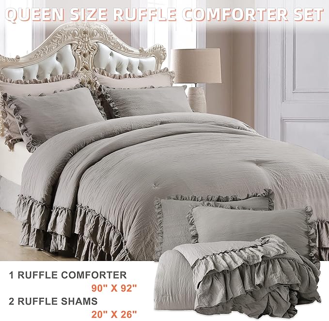 QSH Shabby Grey Ruffled Chic Comforter Queen Size, Farmhouse Boho Bedding Comforter Sets, 3 Pieces All Season Microfiber Inner Fill Bedding, Ultra Soft Lightweight Comforter Queen for Bed