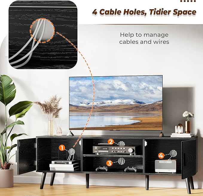 SUPERJARE TV Stand for 55 Inch TV, Entertainment Center with Adjustable Shelf, 2 Cabinets, TV Console Table, Media Console, Solid Wood Feet, Cord Holes, for Living Room, Bedroom, Black