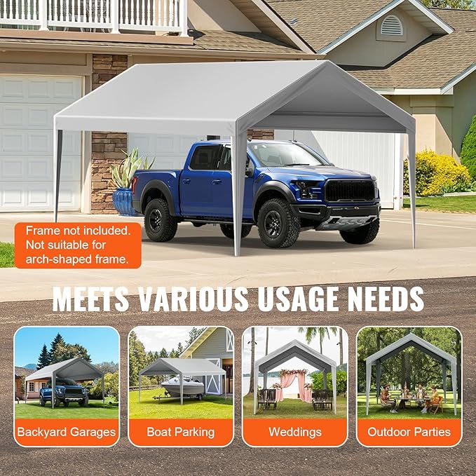 VEVOR Carport Replacement Canopy Cover 10 x 20 ft, Garage Top Tent Shelter Tarp Heavy-Duty Waterproof & UV Protected, Easy Installation with Ball Bungees,Grey (Only Top Cover, Frame Not Include)