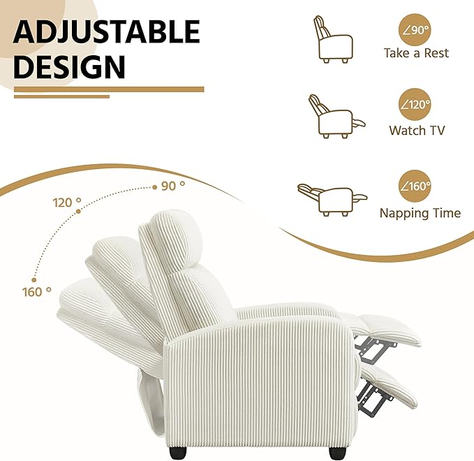 Yaheetech Corduroy Recliner Chair Single Sofa Home Theater Seating Adjustable Modern Reclining Chair for Living Room Bedroom Home Theater Beige