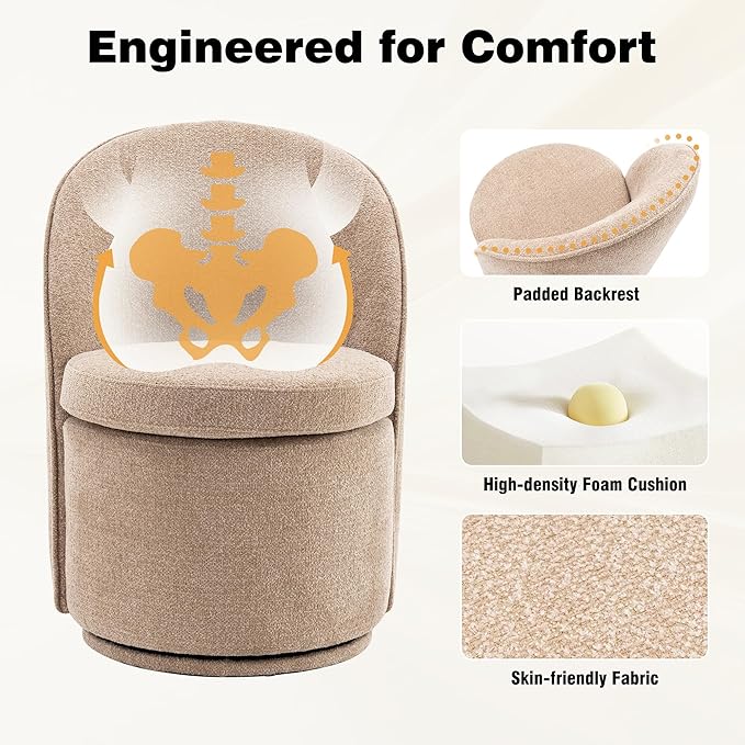 YOUNIKE Vanity Bench Boucle Fabric Coffee Solid Wood Swivel Accent Chair with Backrest Easy Assembly Dressing Stool for Bedroom & Makeup Room