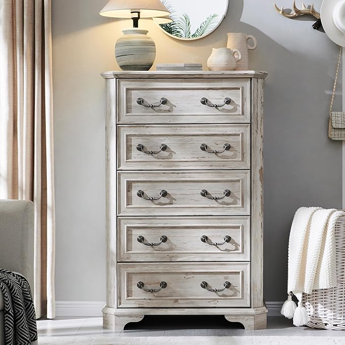 T4TREAM Farmhouse 5 Drawers Dresser for Bedroom, 48" Tall Wood Rustic Chest of Drawers with Natural Texture, Vintage Design, Storage Dressers Organizer for Bedroom, Living Room, Distressed White