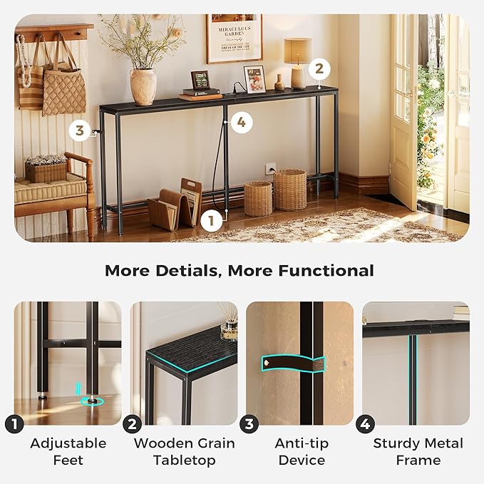 SUPERJARE 70 Inch Console Table with Outlet, Sofa Table with Charging Station, Narrow Entryway Table, Skinny Hallway Table, Behind Couch Table, for Living Room, Black