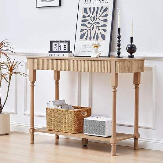 43.3”Console Table with 2 Drawers, Modern Retro Entryway Table with Fluted Panel & Storage Shelf, Narrow Wood Behind Couch Sofa Table for Living Room, Foyer, Hallway(Natural)