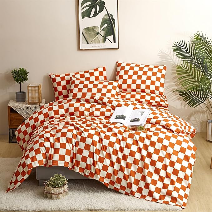 CLOTHKNOW Rust Beige Plaid Twin/Twin XL Comforter Set 3Pcs Grid Bedding Comforter Sets Soft All Season Checker Comforter with 2 x Pillow Cases