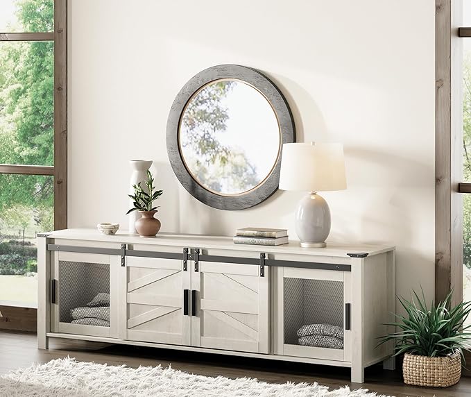 WAMPAT Farmhouse TV Stand for 75 inch TV, 70" Wood Sliding Barn Door Media TV Console Table with Storage Shelf, Entertainment Center for Living Room Bedroom，Antique White