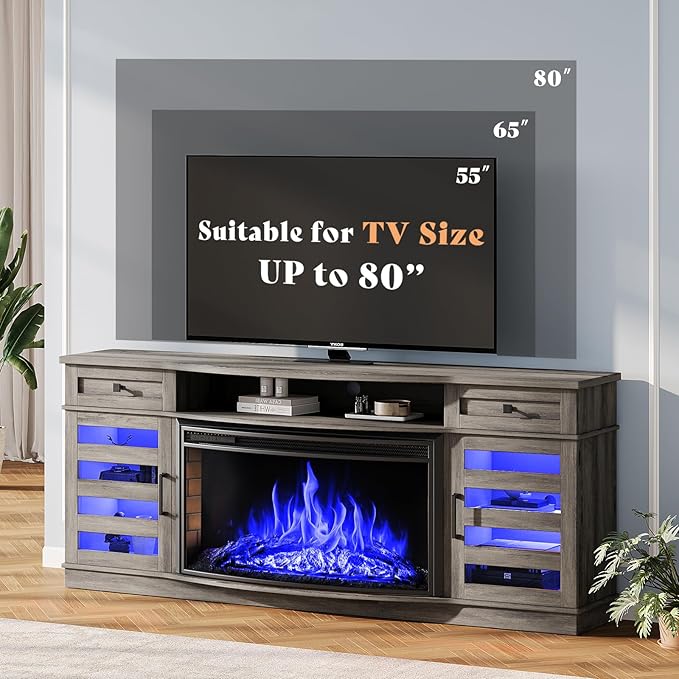 AMERLIFE 70" Farmhouse Fireplace TV Stand with 36'' Curved Electric Fireplace, LED Media Console with 2 Drawers & Adjustable Shelves, Fits 80'' TVs, Wash Gray