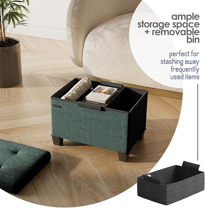 STORAGEBUD Storage Ottoman Cube with Small Bin, 16-in Square Ottoman with Storage for Living Room and Bedroom, Small Ottomans Foot Rest, Velvet Foot Stools Ottomans Max 330lbs, Green