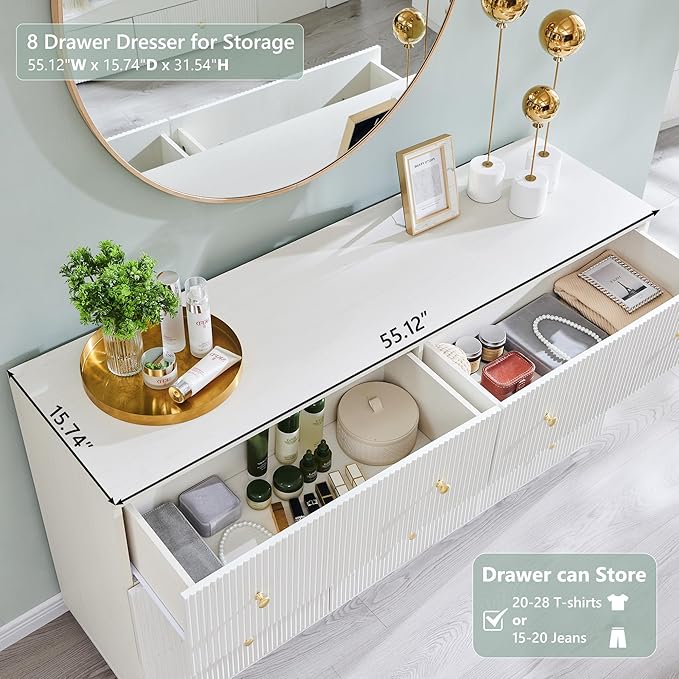 Fluted Dresser for Bedroom, 55" W White 8 Drawer Dressers, Wood Tall Dresser Storage Organizer, Modern Bedroom Chest of Drawer with Deep Storage for Closet Hallway, Entryway, Living Room White