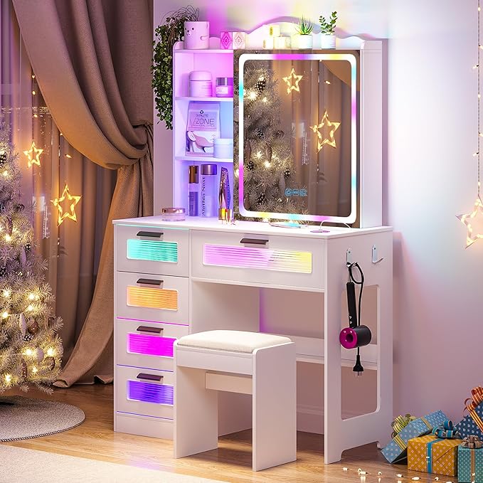 Vanity Desk with Lights and Sliding Mirror, Makeup Vanity Desk with Charging Station, Vanitys Dressing Table with Stool,LED Vanity Set with Large Drawers&Shelves for Bedroom, Decor, White