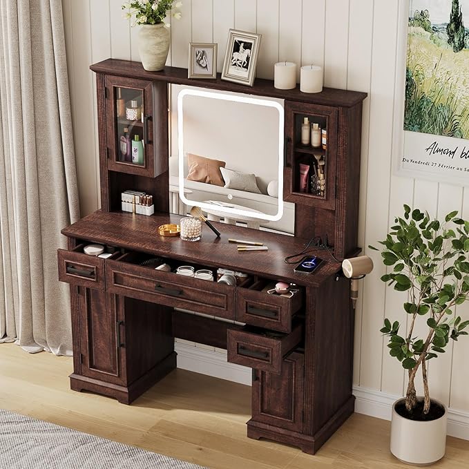 Maupvit Farmhouse Vanity Desk with Mirror and Lights, Makeup Vanity Table with Charging Station, 45" Bedroom Table with 4 Drawers and Cabinets, 3 Lighting Modes, Brown
