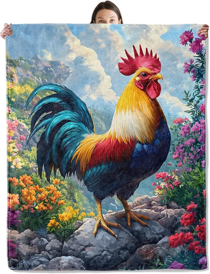 Majestic Rooster Blanket, Cozy Flannel Vibrant Rustic Chicken Throw Blanket for Couch Outdoor, Plush Soft Lightweight Travel Blankets for Bed Decor and Gifts, for Women Kids Adults 40"x50"