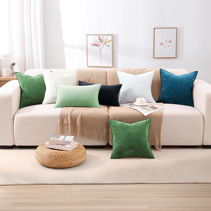 decorUhome Couch Throw Pillow Covers 26x26 Set of 2, Decorative Soft Euro Neutral Chenille Pillow Covers with Elegant Design for Sofa Bed Living Room Home Decor, Moss Green