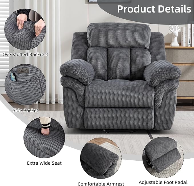 Phoenix Home Oversize Power Lift Recliner Chair with Heat & Massage for Elderly, Extra Large Electric Chair for Adult, Recliners for Living Room,2 Side Pockets, USB and Type-C Port, Dark Grey