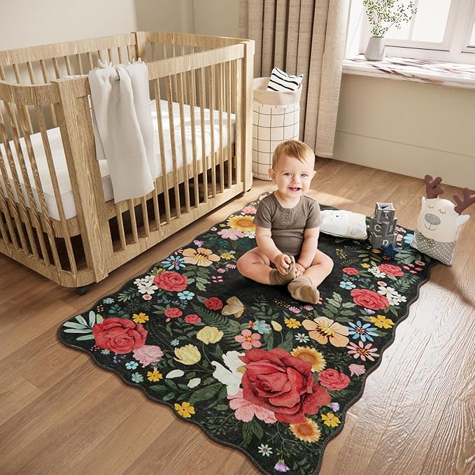 Floral Washable Area Rug 3'x5' Non Slip Boho Vintage Low Pile Soft Carpet for Living Room, Dining Room, Bedroom High Traffic Areas Indoor Rug for Bathroom, Entryway Decor (Black