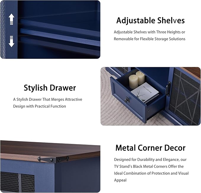 Entertainment Center Blue TV Stand with Charging Station Modern 55'' Television Stand Console with Adjustable Storage Shelves, Rustic Media Storage Cabinet for Living Room and Bedroom