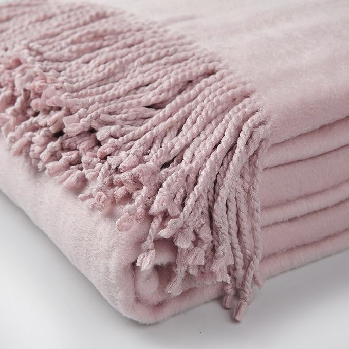 EP Mode Fringed Mulberry Silk Throw Blanket for Sofa (Cameo Pink)