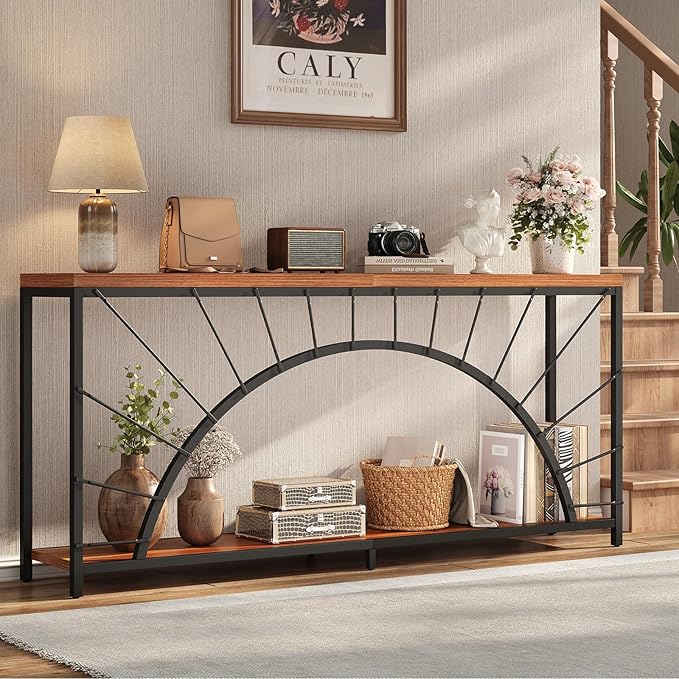 70.9 Inch Console Table, Extra Long Industrial Sofa Tables, 2-Tier Behind Couch Table, Foyer Tables for Entryway, Hallway, Living Room, Unique Design, Brown