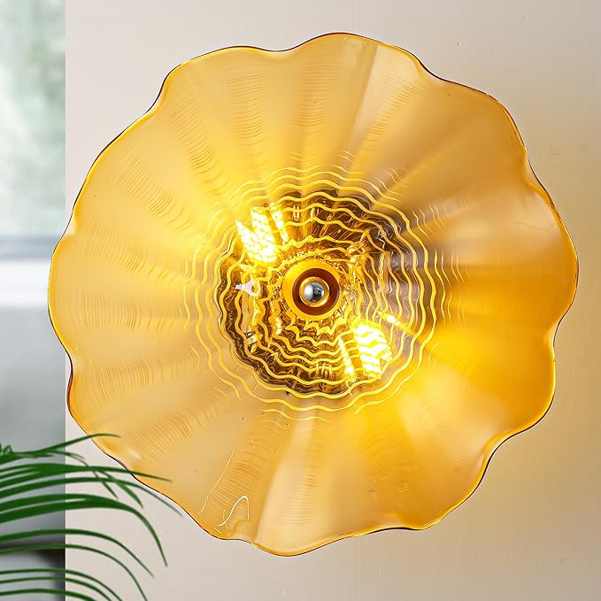 Hand Blown Glass Plate Wall Decor, Modern Unique Glass Wall Art, Lotus Leaf Plate Shape Wall Sconce with Transparent and Easy to Clean for Staircase, Living Room, Kitchen, Hallway (Yellow-1)