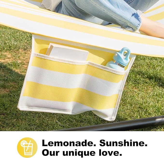 Waterproof Double Hammock with Stand for Outside 2 Person 55'' Large Quick Dry Textilene Hammocks with Hardwood Spreader Bar, Pillow, Pockets, for Outdoor, 475lbs Capacity (Yellow & White)