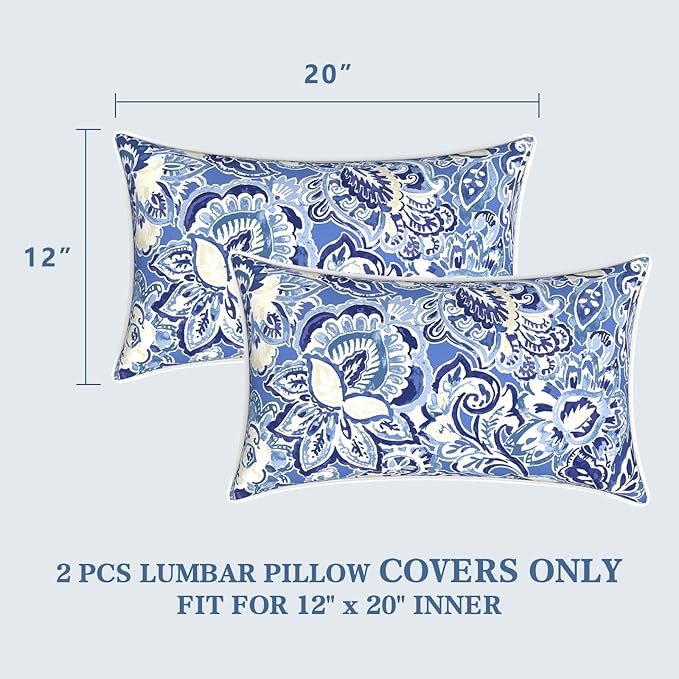 LVTXIII Outdoor Lumbar Pillow Covers 12"x20", Covers ONLY, 2 Pack 30x50cm Lumbar Cushion Cover with White Piping for Home Patio Garden Sofa Bench, Floral Bluish Violet