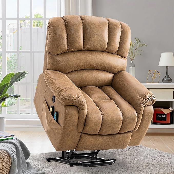 VIVIJASON Large Power Lift Chair Electric Recliner with Heat & Massage for Elderly Big People, Heavy Duty and Safety Motion Wide Recliners with 2 Remote Controls, Side Pockets & USB Ports, Sand