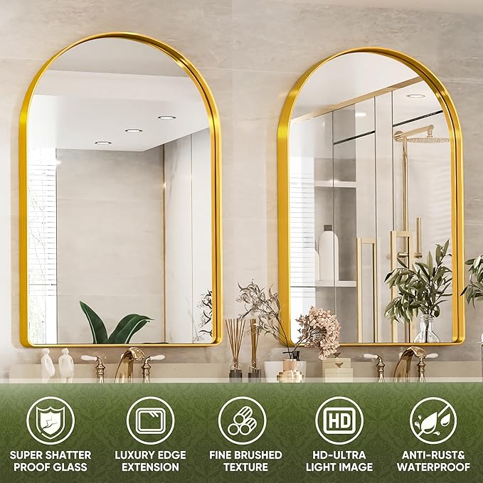 Suidia 22" x 30" Bathroom Mirror, Bathroom Vanity Mirror Metal Framed, Wall-Mounted Mirrors for Bedroom, Living Room, Entryway, Hallway, Gold, Arch Style