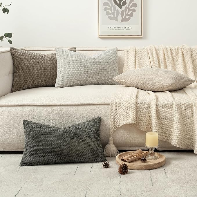 MIULEE Pack of 4 Couch Throw Pillow Covers 12x20 Inch Neutral Soft Decorative Chenille Pillow Covers Farmhouse Boho Accent Cushion Covers for Mid Century Modern Home Decor Sofa Bedroom Living Room