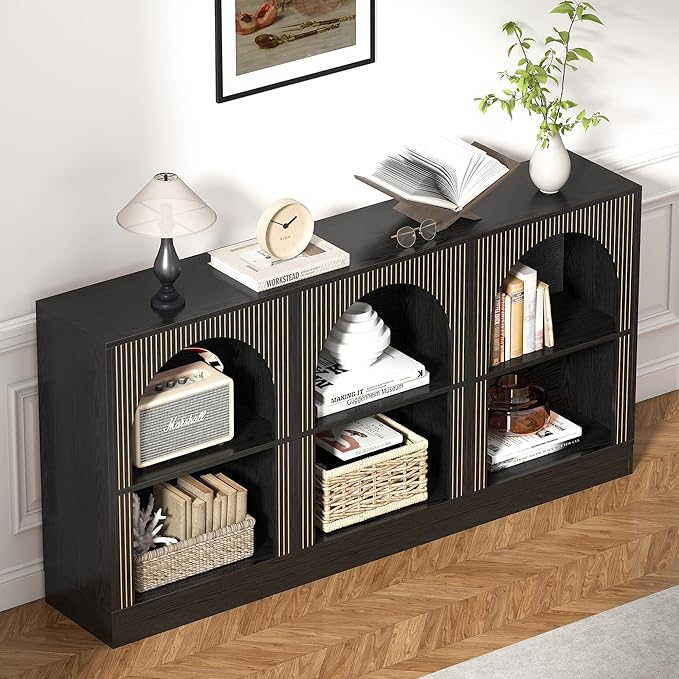 Console Table with 3-Tier Open Storage, 63" Arched Entryway Table with Carved Fluted Panels, Rectangular Wooden Sofa Table for Living Room, Hallway, or Behind Couch (1, Black)