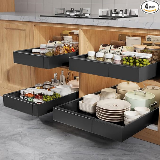 4 Pack Pull Out Cabinet Organizers 21" Deep With Raising Pad for Framed Cabinets, Expandable Width (9"-14") Slide Out Drawers Upgrade 3 Slide Rails, Roll Out Shelves Adhesive, Black