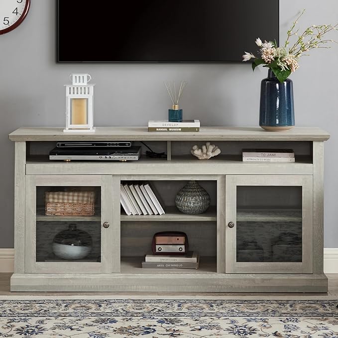 HMFULE 60" Farmhouse TV Stand for 60 65 Inch Television, Entertainment Center with 2 Storage Cabinets Glass Doors & Adjustable Shelves, Rustic Media Console Furniture for Living Room (Stone Gray)
