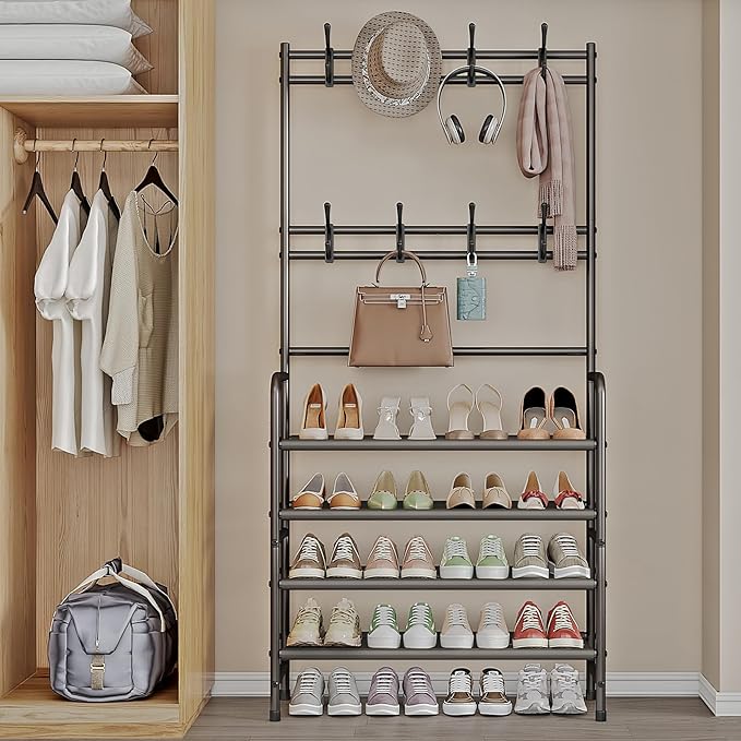 4 Tier Coat and Shoe Rack Entryway Coat Rack with 8 Hooks Shoes Organizer for Living Room Bedroom Office Brown