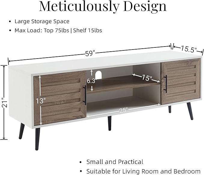 Mid Century Wooden TV Stand with Open Shelf and 2 Storage Cabinets for TVs up to 65 Inches,White Walnut Modern Entertainment Center TV Console for Living Room,Bedroom.