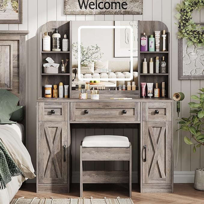 Vabches Makeup Vanity Desk, Vanity Mirror with Lights Desk and Chair,Makeup Table with 3 Large Drawers and 2 Cabinets, Time and Temperature Display, 3 LED Lighting Modes Adjustable, Grey