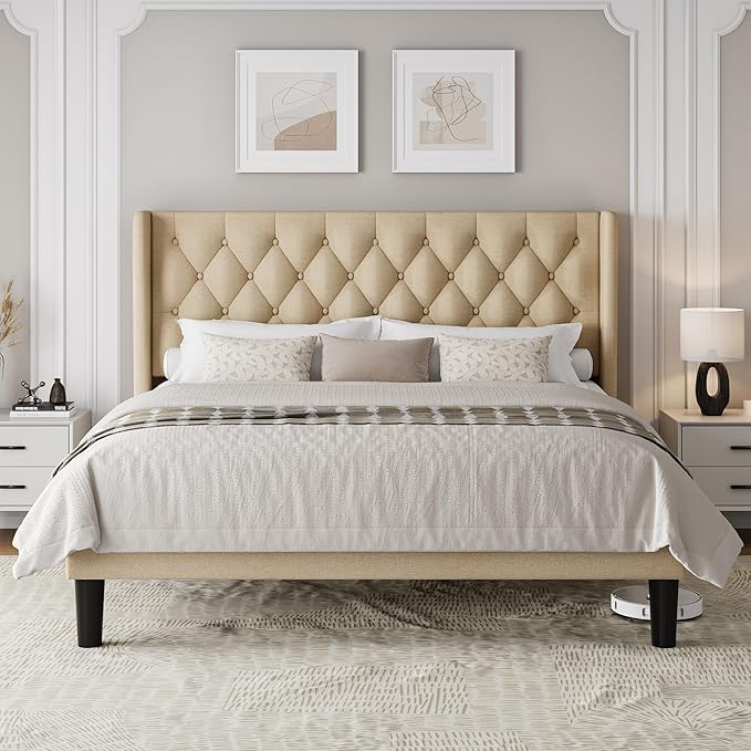 King Size Upholstered Bed Frame with Wingback Headboard, Fabric Linen Platform Bed, 8" Under Bed Storage, Wooden and Metal Slats Support, No Box Spring Needed, Beige
