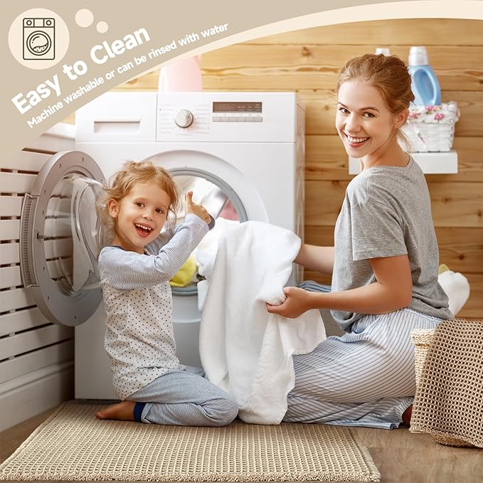 Pale Beige Long Bathroom Rug, Waffle Runner Rug Bathroom Non Slip Washable Super Absorbent Quick Dry Boho Farmhouse Bath Mat, 60''x24'' Pale Beige