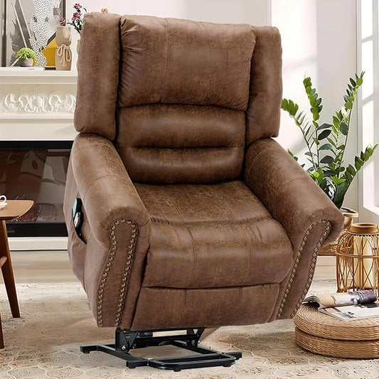 MEETWARM Large Power Lift Electric Recliner Chair for Elderly with Massage and Heat, Overstuffed Wide Recliner, Heavy Duty Sofa for Living Room with 2 Remote Control/USB Ports/Side Pockets(Brown)