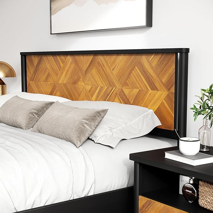 Lenia 14-Inch King Size Platform Bed Frame with Headboard – Heavy Duty Acacia Wood, Mid-Century Modern Style, 12 Strong Slats, No Box Spring Needed, Noise-Free, Easy Assembly, Teak Brown Finish