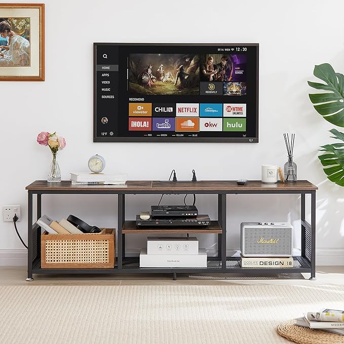 VECELO TV Stand with Power Outlets for Televisions up to 65Inch, 55" Media Entertainment Center with Charging Station 3-Tier Open Storage Shelves with Metal Frame for Living Room/Bedroom，Brown