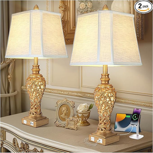 Vintage Table Lamps Set of 2, 28.5'' Tall Antique Gold Bedside Lamps with Fabric Shades, USB A+C Charging Ports & Night Light, Farmhouse Nightstand Lamps for Bedroom Living Room Office (Bulb Included)