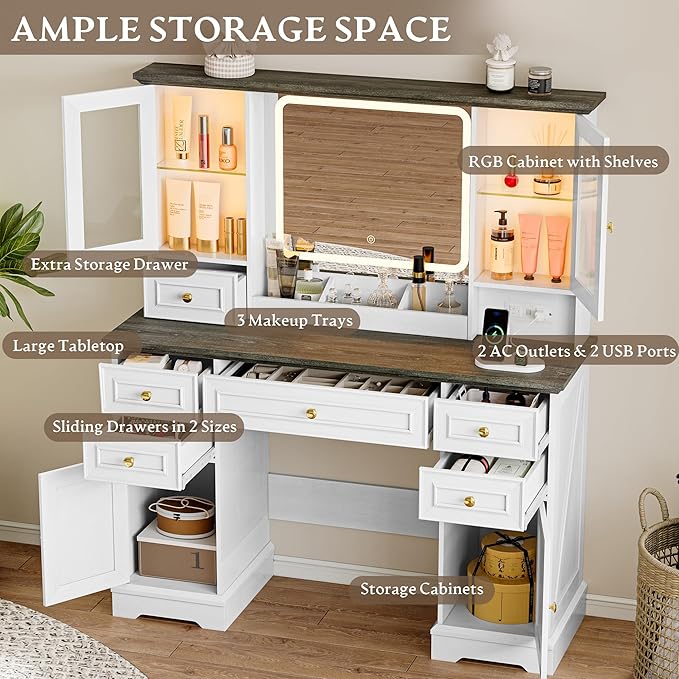 Vanity Desk with HD Lighted Mirror & Power Outlet, Farmhouse Makeup Vanity Table Set with Storage Drawers & RGB Cabinets, Large Dressing Table with 3 Lighting Modes for Women Girls Kids Bedroom, White