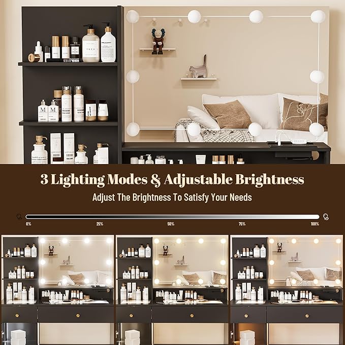 40" Vanity Desk with Large Mirror and Lights, Modern Glass Top Makeup Vanity Set with Power Outlet, Drawers and Cabinet, 3 Lighting Color Adjustable Dressing Table for Bedroom, Black