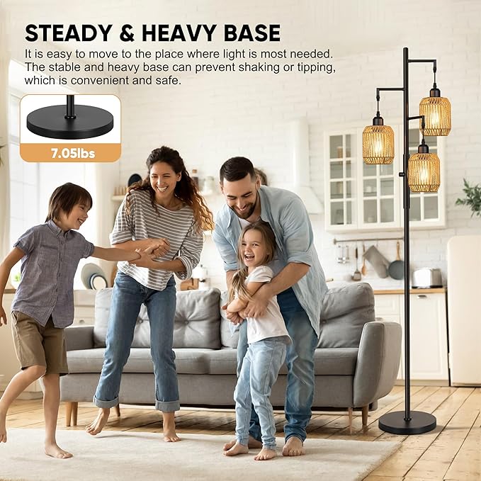 ROTTOGOON Dimmable Boho Floor Lamp - 3 Light Farmhouse Rattan Floor Lamp for Living Room, Industrial Tree Floor Lamps with 3 X 6W LED Bulbs, Rustic Standing Tall Lamp for Bedroom, Office, 68", Black