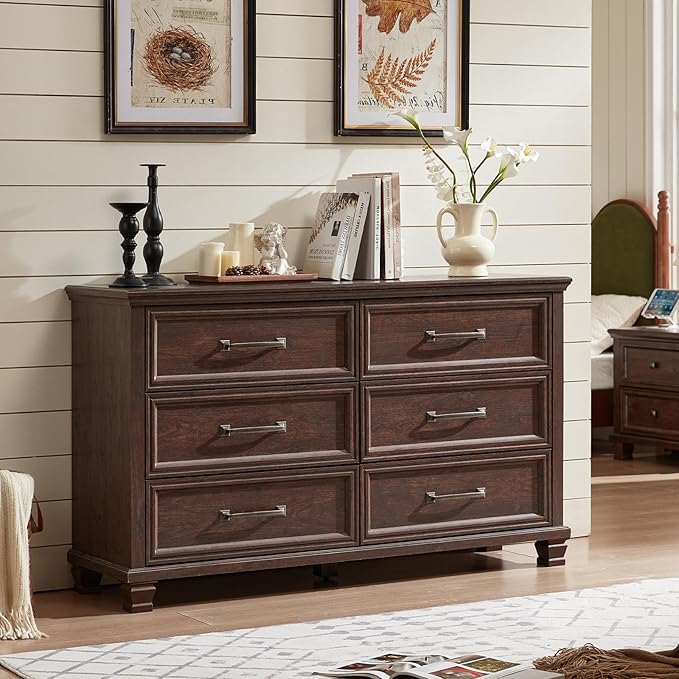 Farmhouse 6 Drawer Dresser for Bedroom, 54 inch Wide Large Vintage Chest of Drawers with Square Solid Wood Legs, Rustic TV Stand for Living Room, Wooden Storage Dressers for Hallway, Walnut