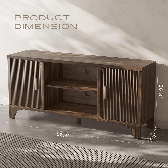 Tall Mid Century Modern TV Stand for 55/65 Inches Television, TV Console with Fluted Doors and Storage, Entertainment Center for Living Room and Bedroom, Dark Brown