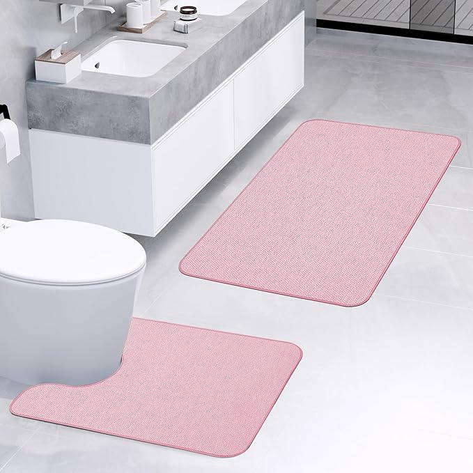 Bathroom Rugs Set 2 Pieces,Thin Bathroom Mats,Toilet Rugs,Quick Dry,Non-Slip,Machine Washable,Low Pile,Absorbent Bath Mats,Shower,Sink,Home Decor Accessories.Pink,1'5"x2'3"+1'8"x2" U Shape