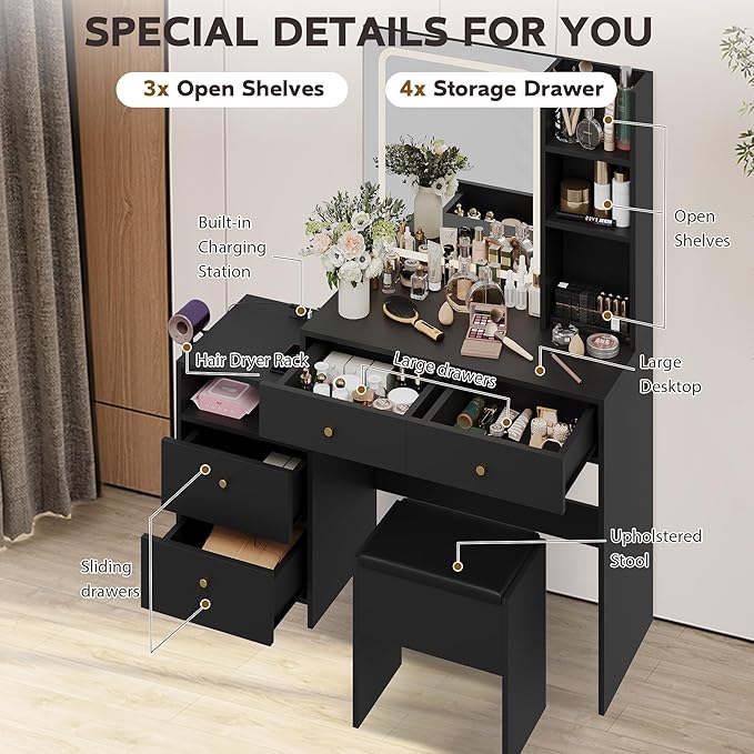 HAOBO Home Makeup Vanity Desk with Charging Station, Makeup Dressing Table with Mirror and Lights for Bedroom, Dressing Room