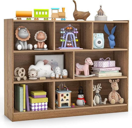 KOTEK Toy Storage Organizer, 8 Cubby Kids Bookshelf, Wooden 4-Tier Bookcase Storage Cabinet, Open Display Book Shelf for Daycare, Nursery, School Classroom, Playroom & Living Room (Natural, 8 Cubes)